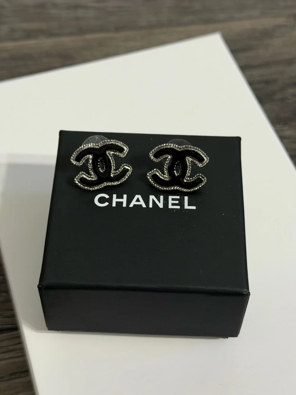CHANEL Black and Silver CC Logo Stud Earrings